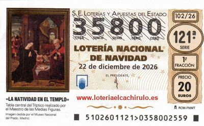 Anverso del d&eacute;cimo 35800 de la Loter&iacute;a de Navidad 2026, de El Palmar (Murcia) (Murcia)